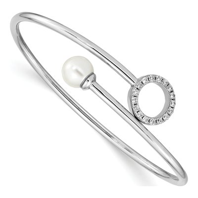 Sterling Silver Rh-Pl Shell Pearl CZ Flexible Bangle Bracelet
