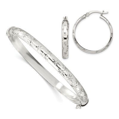 Sterling Silver Diamond-Cut Bangle & Hoop Set