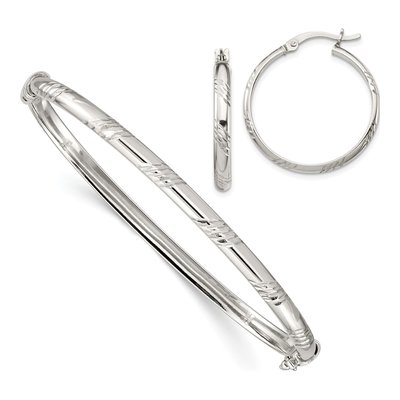 Sterling Silver Diamond-Cut Bangle & Hoop Earring Set