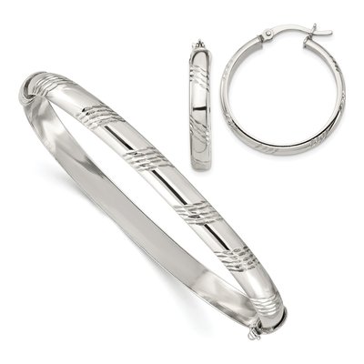 Sterling Silver Diamond-Cut Bangle & Hoop Earring Set