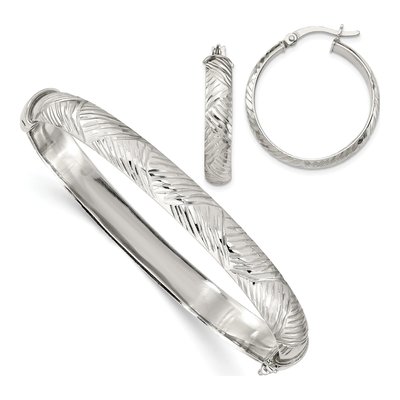 Sterling Silver Diamond-Cut Bangle & Hoop Set