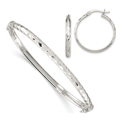 Sterling Silver Diamond-Cut Bangle & Hoop Earring Set