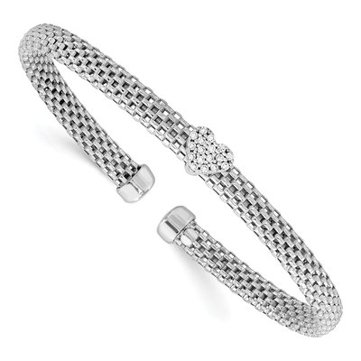 Sterling Silver CZ Heart Mesh Cuff Bracelet