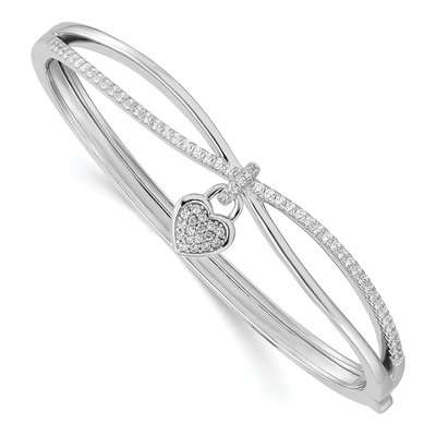 Sterling Silver CZ Heart Dangle Hinged Bangle Bracelet