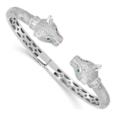 Sterling Silver CZ Lioness Hinged Cuff Bracelet