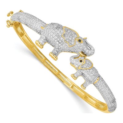 Gold-Plated Sterling Silver CZ Mom Baby Elephant Bangle Bracelet