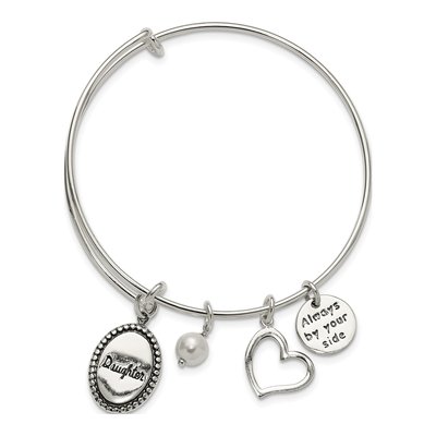 Sterling Silver Simulated Pearl Daughter Bangle Bracelet – view 2