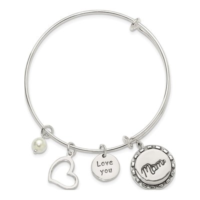 Sterling Silver Simulated Pearl 'love You Mom' Bangle Bracelet – view 2
