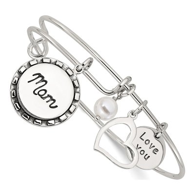 Sterling Silver Simulated Pearl 'love You Mom' Bangle Bracelet