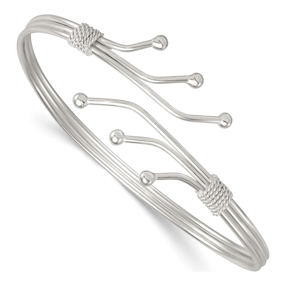 Sterling Silver Polished Twisted And Beaded Fancy Triple Band Cuff Bangle Bracelet with Slip On Clasp