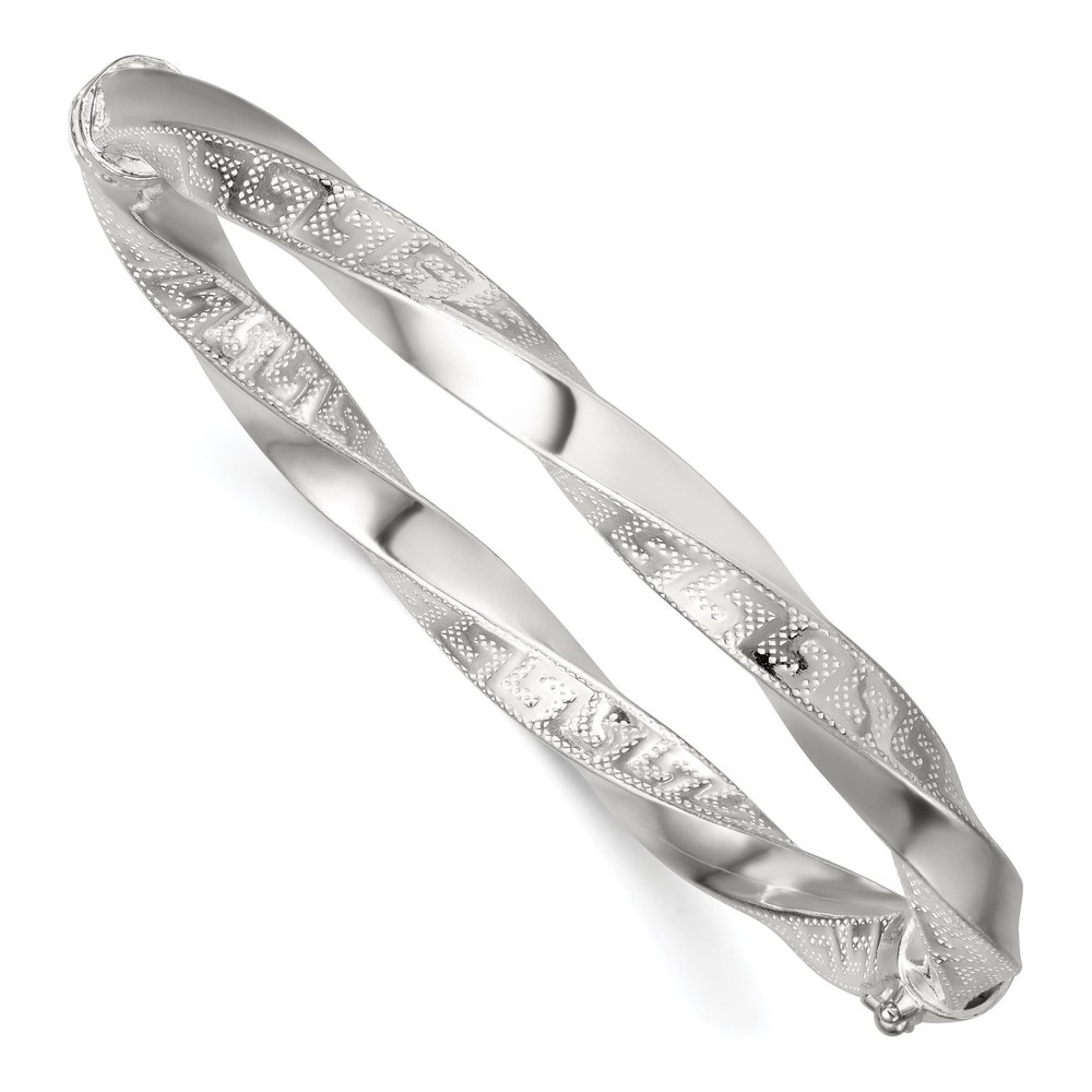 Sterling Silver Polished Textured And Twisted 6.50mm Greek Key Hinged Bangle