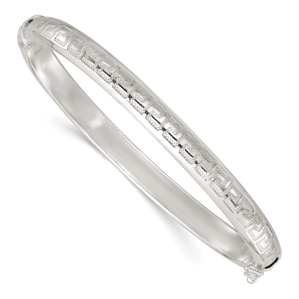 Sterling Silver Polished And Textured 6.50mm Greek Key Hinged Bangle