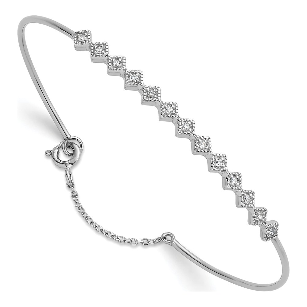 Sterling Silver Rhodium-Plated Polished And Textured Cz Cuff With Safety Chain Bracelet with Spring Ring Clasp