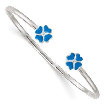 Sterling Silver Girls' Blue Enamel Clover Cuff Bracelet