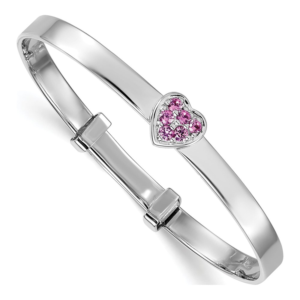 Sterling Silver Rhodium-Plated Polished Pink Cz Heart Childrens Expandable Bangle