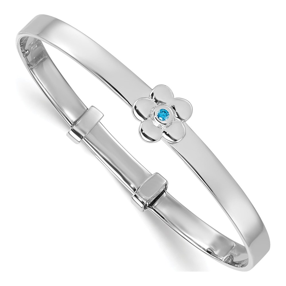 Sterling Silver Rhodium-Plated Polished Blue Cz Flower Childrens Expandable Bangle