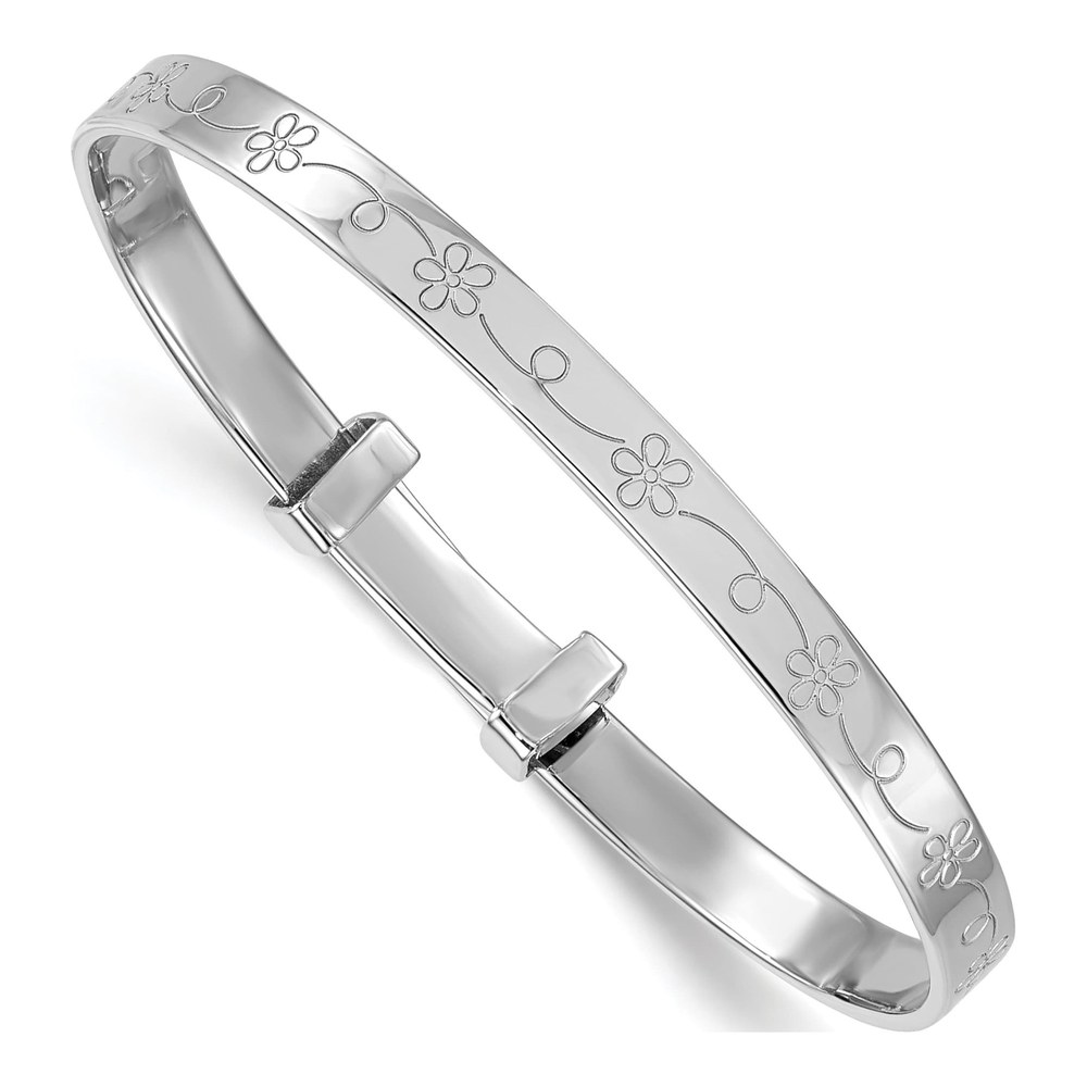 Sterling Silver Rhodium-Plated Polished Etched Floral Pattern Childrens Expandable Bangle