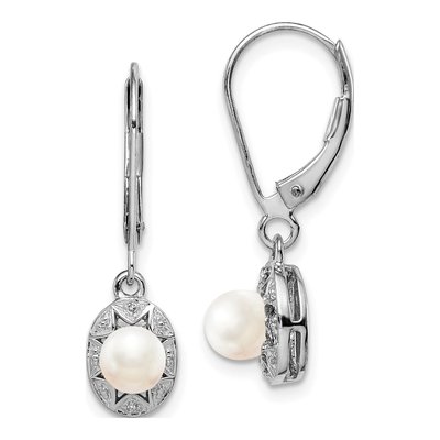 Sterling Silver Freshwater Cultured Pearl & Diamond Birthstone Leverback Earrings