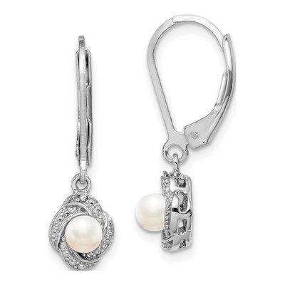 Sterling Silver Freshwater Cultured Pearl & Diamond Leverback Earrings