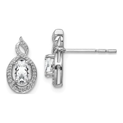 Sterling Silver Oval White Topaz & Diamond Button Stud Earrings