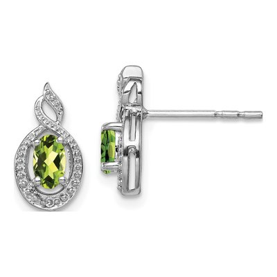 Sterling Silver Oval Peridot & Diamond Button Stud Earrings