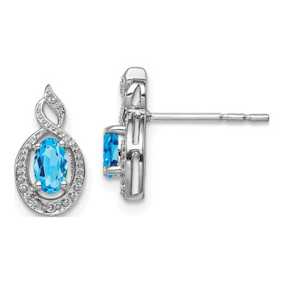 Sterling Silver Oval Swiss Blue Topaz & Diamond Stud Earrings