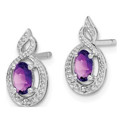 Sterling Silver Oval Amethyst & Diamond Button Stud Earrings – view 3
