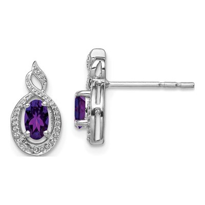 Sterling Silver Oval Amethyst & Diamond Button Stud Earrings
