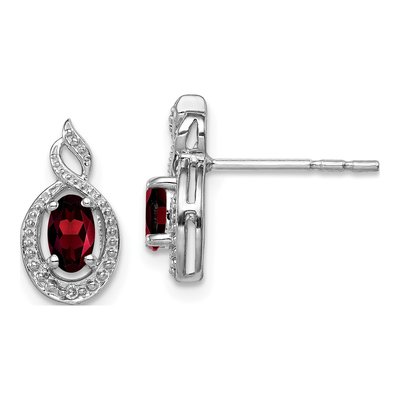 Sterling Silver Oval Garnet & Diamond Button Stud Earrings