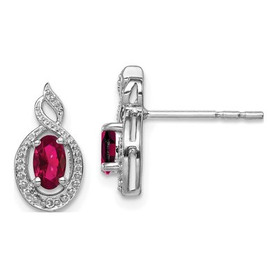 Sterling Silver Oval Lab-Created Ruby & Diamond Stud Earrings