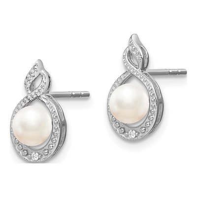 Sterling Silver Round Freshwater Cultured Pearl & Diamond Button Stud Earrings – view 2