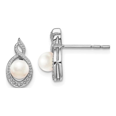 Sterling Silver Round Freshwater Cultured Pearl & Diamond Button Stud Earrings
