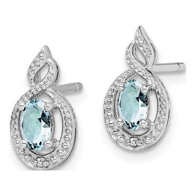 Sterling Silver Oval Aquamarine & Diamond Birthstone Stud Earrings – view 3