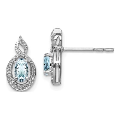 Sterling Silver Oval Aquamarine & Diamond Birthstone Stud Earrings