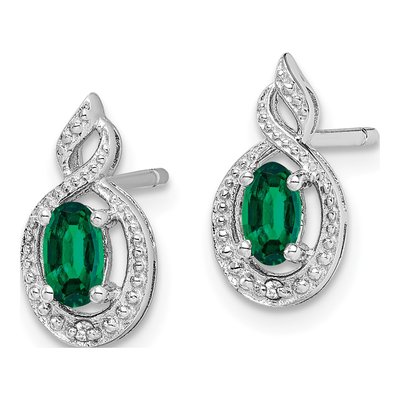 Sterling Silver Oval Lab-Created Emerald & Diamond Stud Earrings – view 3