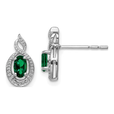 Sterling Silver Oval Lab-Created Emerald & Diamond Stud Earrings