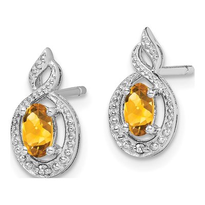 Sterling Silver Oval Citrine & Diamond Button Stud Earrings – view 3