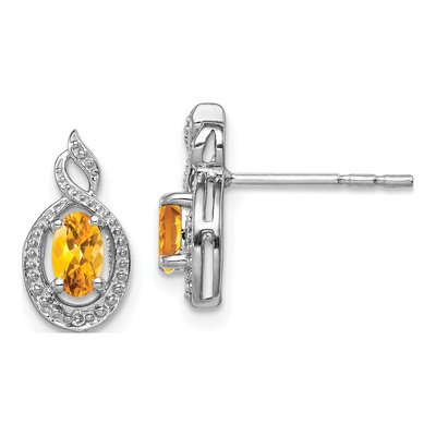 Sterling Silver Oval Citrine & Diamond Button Stud Earrings