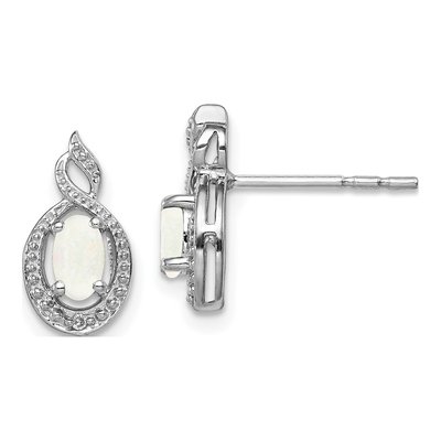 Sterling Silver Oval Lab-Created Opal & Diamond Stud Earrings