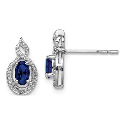 Sterling Silver Oval Lab-Created Sapphire & Diamond Stud Earrings