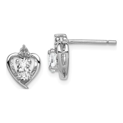 Sterling Silver Oval White Topaz & Diamond Heart Stud Earrings