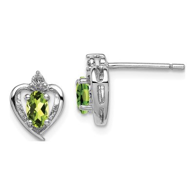 Sterling Silver Oval Peridot & Diamond Heart Stud Earrings