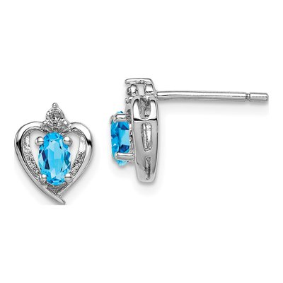 Sterling Silver Oval Swiss Blue Topaz & Diamond Stud Earrings
