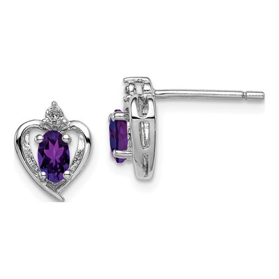 Sterling Silver Oval Amethyst & Diamond Heart Stud Earrings
