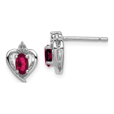 Sterling Silver Oval Ruby & Diamond Heart Stud Earrings