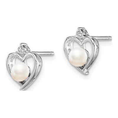 Sterling Silver 1mm Round Pearl & Diamond Heart Stud Earrings – view 2