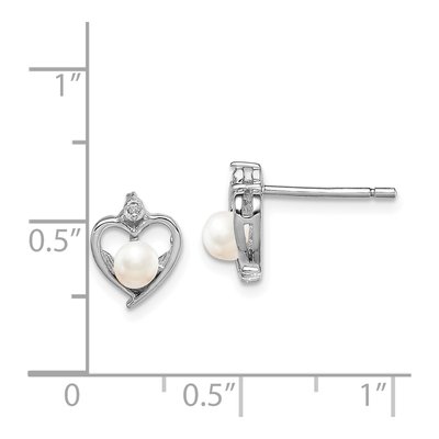 Sterling Silver 1mm Round Pearl & Diamond Heart Stud Earrings – view 4