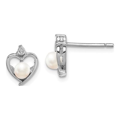Sterling Silver 1mm Round Pearl & Diamond Heart Stud Earrings