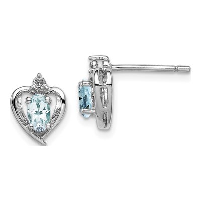 Sterling Silver Oval Aquamarine & Diamond Stud Earrings