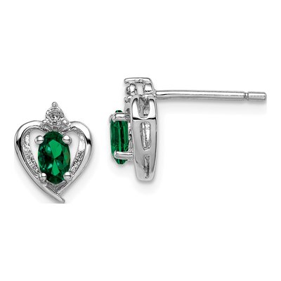 Sterling Silver Oval Emerald & Diamond Stud Earrings